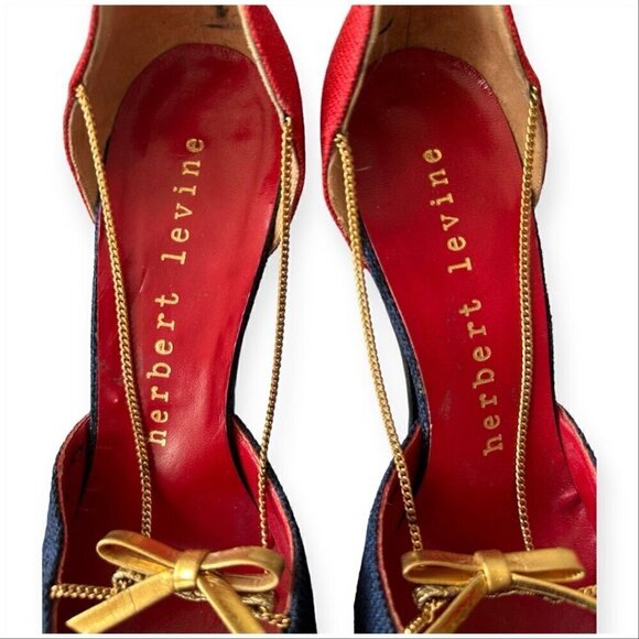 Vintage Herbert Levine Red & Navy D'Orsey Pumps with Gold Chain & bow trim, 7.5B - Picture 16 of 16